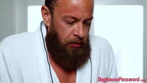 Hot masseuse Kayley Gunner rubs her client big cock with oil