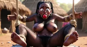 Hairy and desperate African woman tied up by tribe, craving for cock.