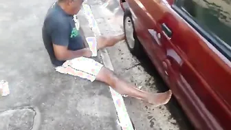 Latin daddy bear pissing on the club sidewalk