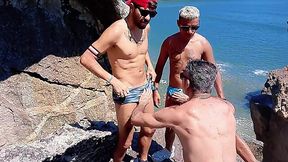 3 Hunky Brazilian DILFs Indulge In Hot Gay Threesome On the Public Beach Behind the Rocks
