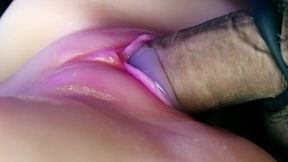 Juicy pussy close-up absorbs a portion of sperm from a big cock and slurps!