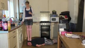 Chelsea's Heels Sticking In The Side Of Her Slaves Head & Face