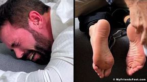 Tattooed hunk Joey cannot escape getting his size 12 feet tickled