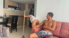I tease my stepbrother while I&#039;m cleaning the house and she asks me to fuck her mercilessly until I fill her ass with milk