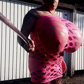 Public Outdoor Walk With Huge Tits in a Fishnet Dress and Overknee High Heels - Crossdresser Sissy Half Naked in Fetish