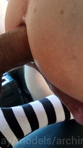 Fuck on the highway and fucked in the car by sissy femboy in stockings without a condom! Filled it all with cum!   Clip 2