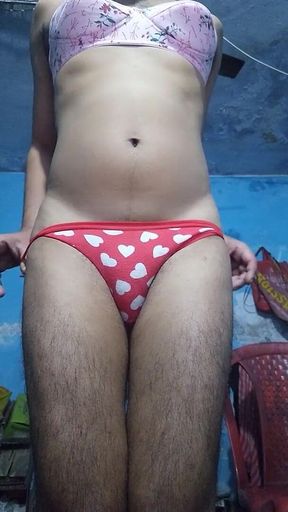 Horny Indian Teen Femboy Wearing His Step Sister's Bra and Panties While Jerking His Phimosis Cock