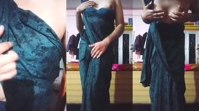 indian gay crossdresser bottom pressing and playing with her big boobs in black saree real homemade xxx sex
