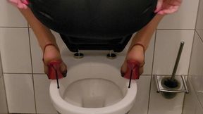 RED HEELS, FULL BLADDER, OPEN CROTCH PANTIES - SOAKING PORCELAIN IN 5-INCH SPIKES