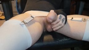 Exposing her big cock in panties with a filthy cumshot for the camera