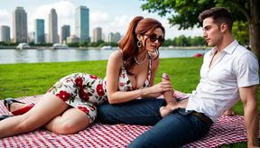 handjob, a woman is laying on man's leg as she, video created by AI