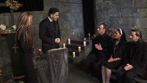 jasmine black and stacey saran get fucked by priests in the pews