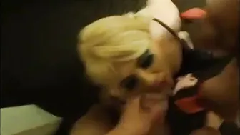 Crossdresser Blows Two Cocks in Amateur Threesome Bukkake