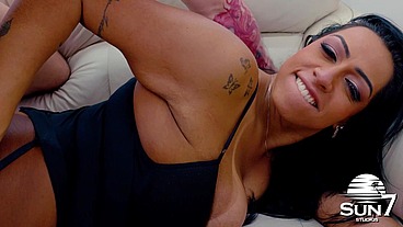 Licking and fucking the hot Latina trans, sucking until she cums