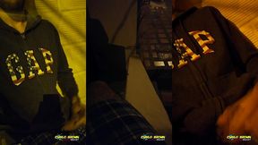 jerking off my big uncut cock outdoors with people passing by. public cum.