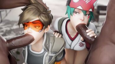 Kiriko and Tracer Gush Over a Sloppy BBC Double Blowjob Threesome Cartoon