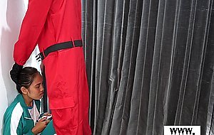 Skinny amateur Thai teen Cherry penalized by a big white cocked guard