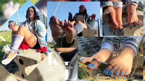 Simona Toe Cuffed in the Park (Barefoot, Ankle cuffs, Leg Warmers, Blue Toenails, Public)