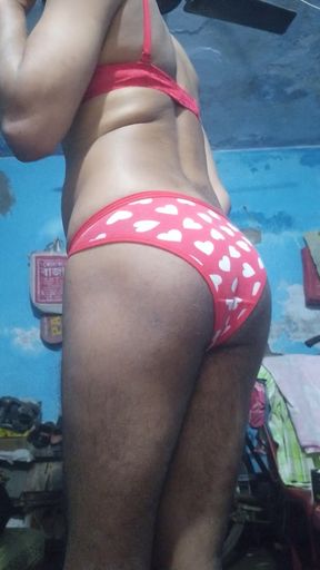 Young indian sissy femboy in his step sister's red bra and panty while jerking and stroking until cum