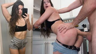 James Deen melakukan seks anal dengan si rambut cokelat berdada kecil Abbie Maley dan memberinya creampie anal lengket