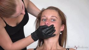 Dominatrix Veronica choke her sub Pauli wearing latex gloves (FullHD)