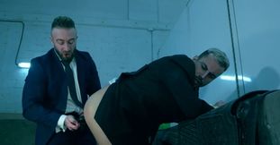 Bleached blond lad removes the blindfold and serves