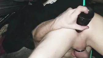 Twink uses big black dildo for piledriver anal and self facial