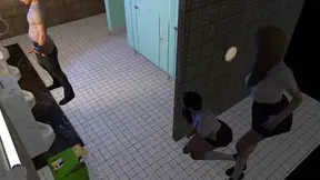 Two Girls Stalk a Guy in the Bathroom for a Threesome