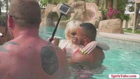 Hot and gorgeous shemale babes enjoys group sex by the pool