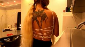 Tattooed Kitchen Slut Bends Over Drops Panties Gushes Meaty Pussy
