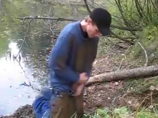 Mudding blue baggy panties in the forest, cumming and pissing