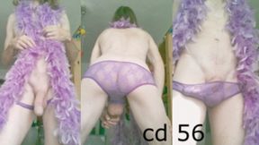 Heteroflexible K crossdressing 55: slender fit older hung twunk transvestite purple panties and feather boa