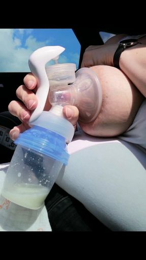 Pumping my big milk tits empty in the car