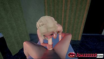 Busty Blonde Amber gets a sloppy handjob and deepthroat