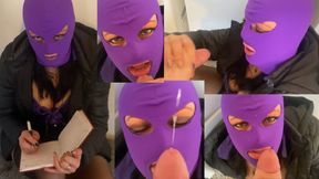Masked Secretary Blowjob – Double Cum on My Purple Mask & Downjacket