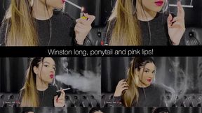 Filling the room with my long winston smoke! Pink lips and ponytail