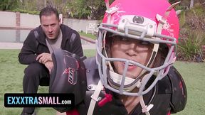 Asian American football fan pleased her coach with hot poses while fucking on the couch.