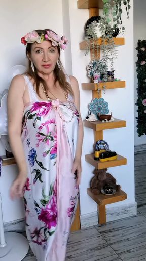 Busty MILF Teasing in White Stockings with Garter