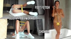 Chilling on a bed, booty & abs workout, shower, foot slave