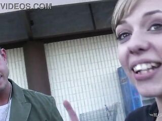 This exhibitionist duo gets horny and they come to a conclusion to use the bathroom for their screw session. Golden-haired gives amazing blowjobs in the public baths in advance of moving to the roof after getting caught.