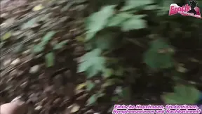 Red-haired German slut gives a wild woods blowjob