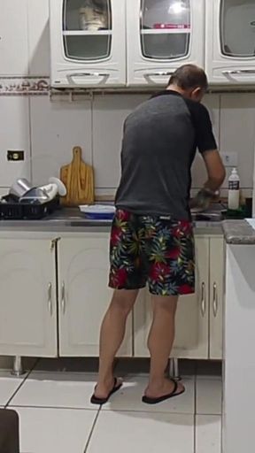 Naked Cougar Alone in the Kitchen