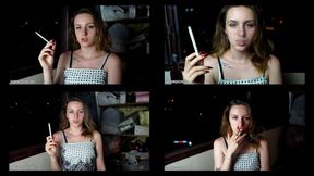 3-6 Ramona Lynn is smoking all-white Virginia Slims 120s cigarettes on the balcony at home using matches (4 scenes) 4K resolution