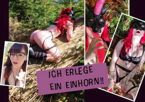 German redhead rides unicorn horn in outdoor fuck session