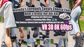 VR 3D 8K 180 60 fps | Mariella’s Super Sweaty Stinky Cheese Feet After Intense Hot University Day – Slowly Peeling Off Thick Damp Gray Socks from Black Nike Shox, Dripping Wet Soles, Slippery Toes, Strong Foot Smell & Extreme Sweat Close-Ups – Dual