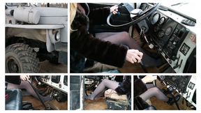 Sexy Emily revs hard russian police URAL and drives it