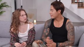 Asian Boy Titus Low Gets Face Fucked by Tiny Blonde Sasha Paige Cum in Mouth