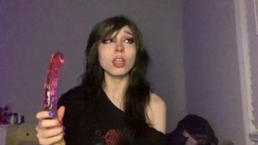 Goth e-girl gives hot blowjob and explores double dildo