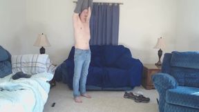 Muscular twink striptease drips cum all over his shaved pussy while jacking off with a dildo