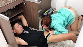 Big ass Latina pleasures plumber in cowgirl as he's fixing her sink